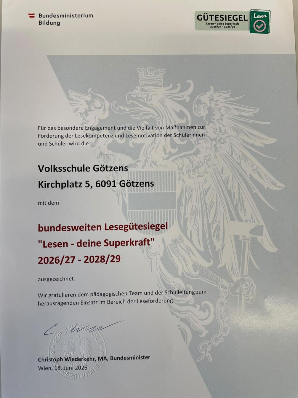 Zertifikat Lesegütesiegel